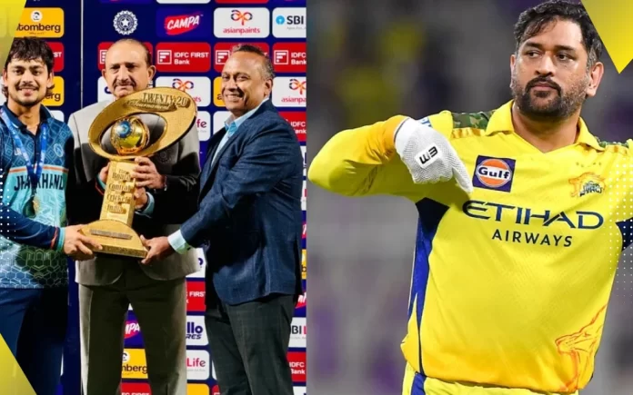 Ishan Kishan lifting the Syed Mushtaq Ali Trophy 2025 title with MS Dhoni.