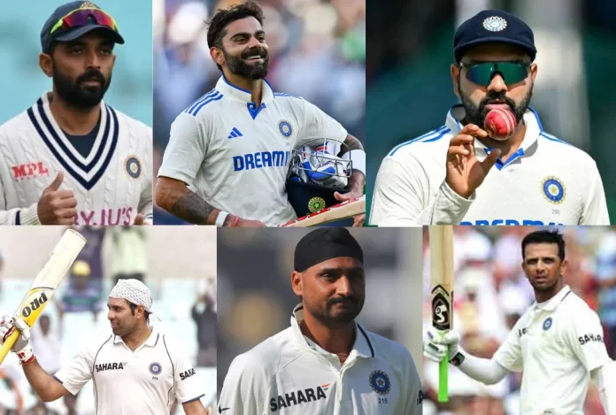 Ajinkya Rahane, Virat Kohli, Rohit Sharma, VVS Laxman, Harbhajan Singh, and Rahul Dravid