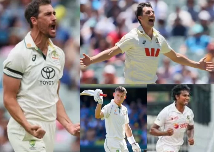 Mitchell Starc, Australian captain Pat Cummins and Marnus Labuschagne, Hasan Mahmud